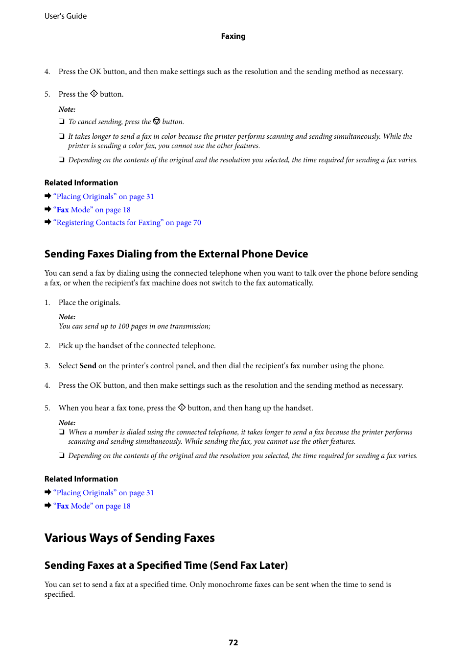 Various ways of sending faxes, Sending faxes at a specified time (send fax later) | Epson EcoTank ET-4550 User Manual | Page 72 / 145
