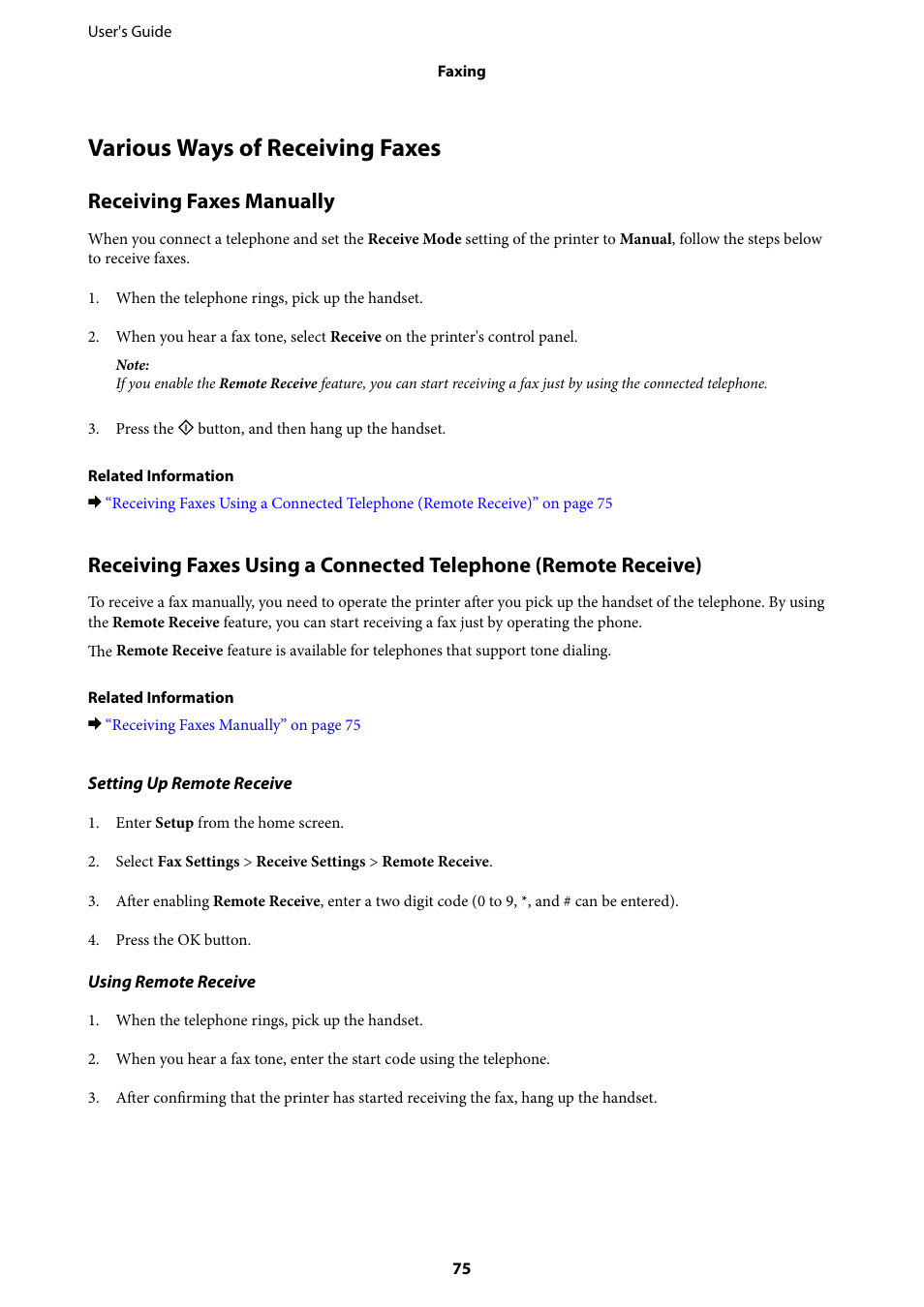 Various ways of receiving faxes, Receiving faxes manually | Epson EcoTank ET-4550 User Manual | Page 75 / 145