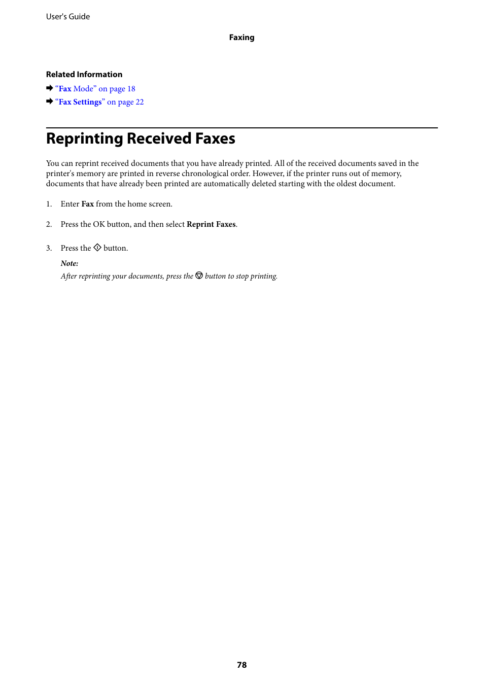 Reprinting received faxes | Epson EcoTank ET-4550 User Manual | Page 78 / 145