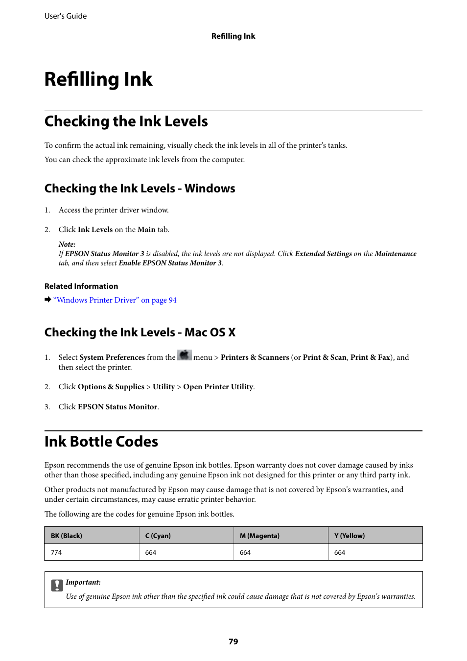Refilling ink, Checking the ink levels, Checking the ink levels - windows | Checking the ink levels - mac os x, Ink bottle codes | Epson EcoTank ET-4550 User Manual | Page 79 / 145