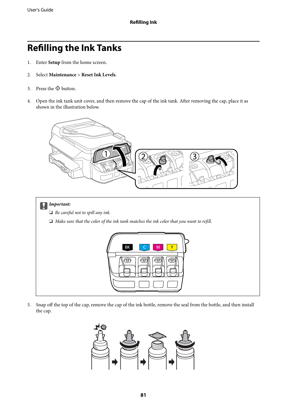 Refilling the ink tanks | Epson EcoTank ET-4550 User Manual | Page 81 / 145