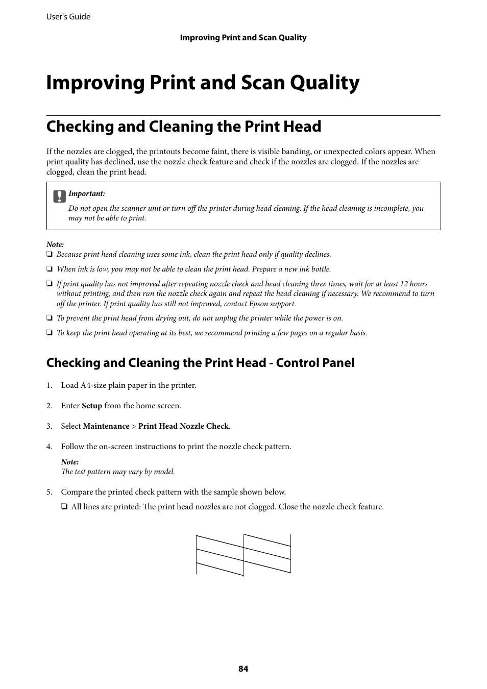 Improving print and scan quality, Checking and cleaning the print head | Epson EcoTank ET-4550 User Manual | Page 84 / 145