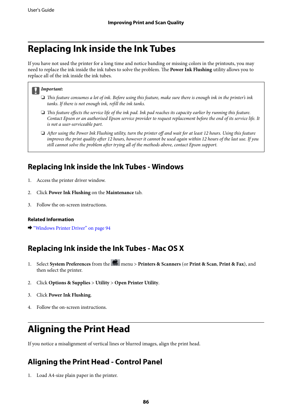 Replacing ink inside the ink tubes, Replacing ink inside the ink tubes - windows, Replacing ink inside the ink tubes - mac os x | Aligning the print head, Aligning the print head - control panel | Epson EcoTank ET-4550 User Manual | Page 86 / 145