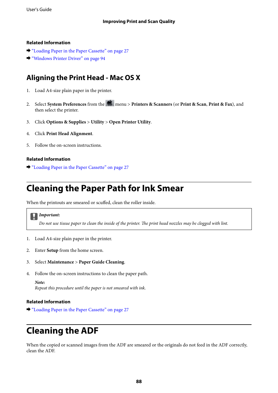 Aligning the print head - mac os x, Cleaning the paper path for ink smear, Cleaning the adf | Epson EcoTank ET-4550 User Manual | Page 88 / 145