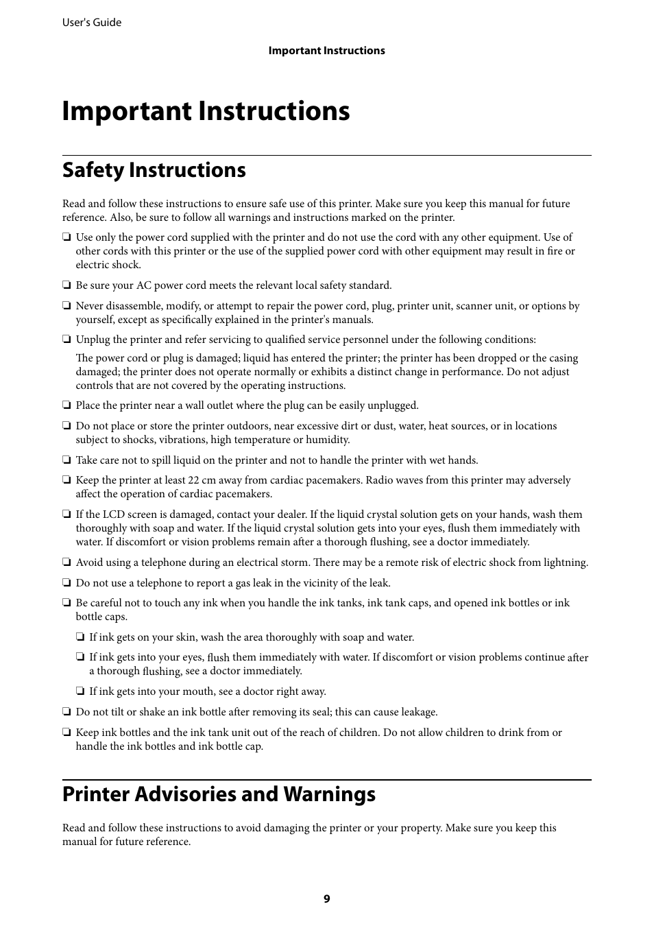 Important instructions, Safety instructions, Printer advisories and warnings | Epson EcoTank ET-4550 User Manual | Page 9 / 145