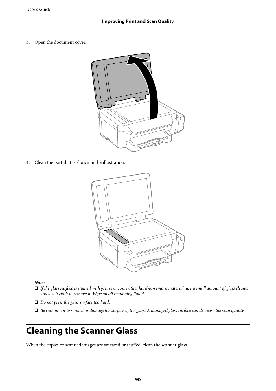 Cleaning the scanner glass | Epson EcoTank ET-4550 User Manual | Page 90 / 145