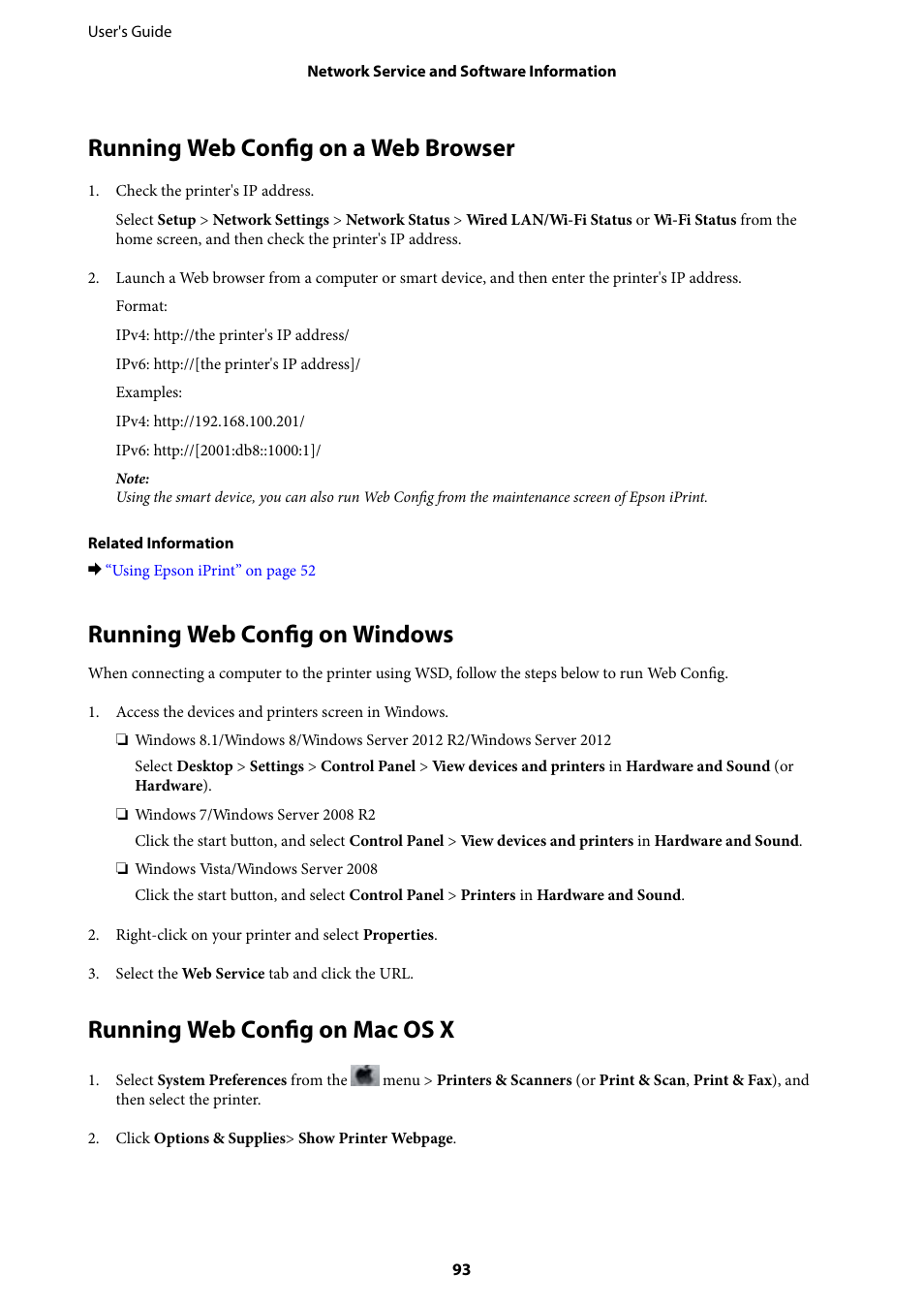 Running web config on a web browser, Running web config on windows, Running web config on mac os x | Epson EcoTank ET-4550 User Manual | Page 93 / 145