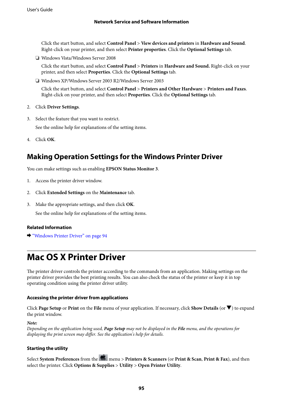 Mac os x printer driver | Epson EcoTank ET-4550 User Manual | Page 95 / 145