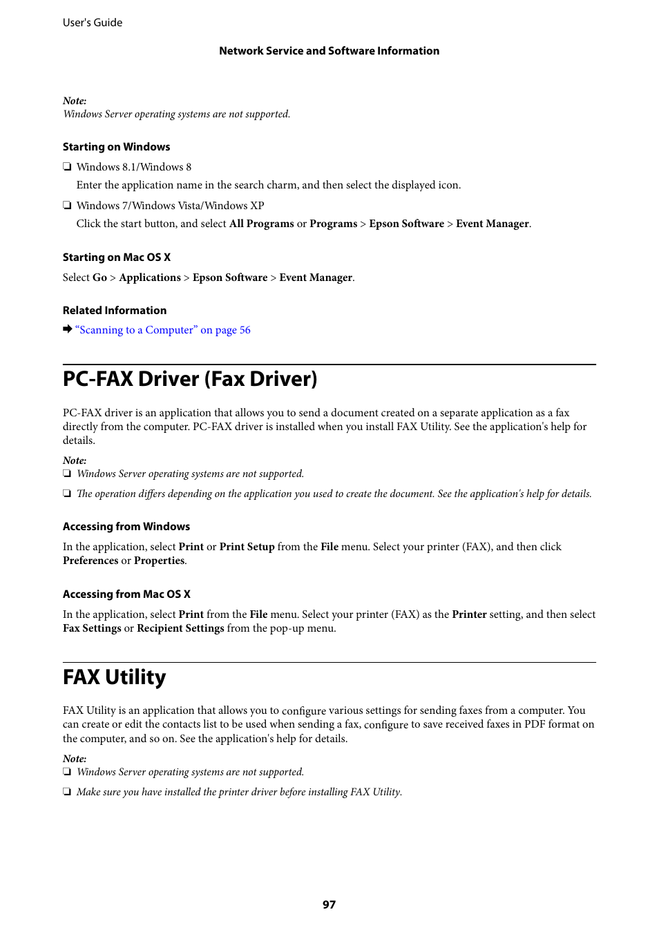 Pc-fax driver (fax driver), Fax utility | Epson EcoTank ET-4550 User Manual | Page 97 / 145