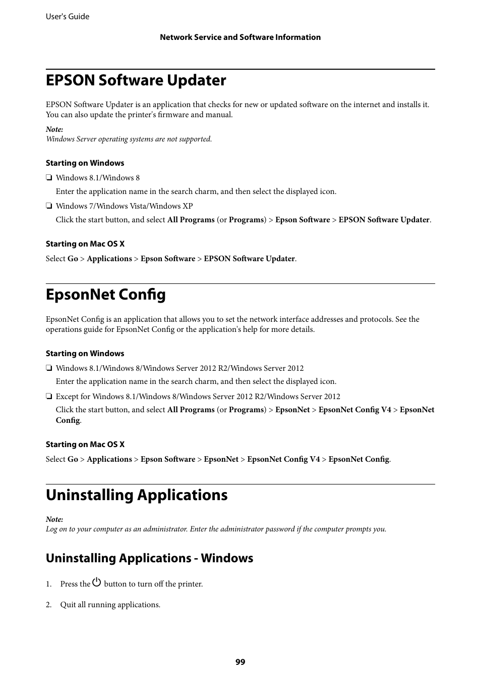 Epson software updater, Epsonnet config, Uninstalling applications | Uninstalling applications - windows | Epson EcoTank ET-4550 User Manual | Page 99 / 145