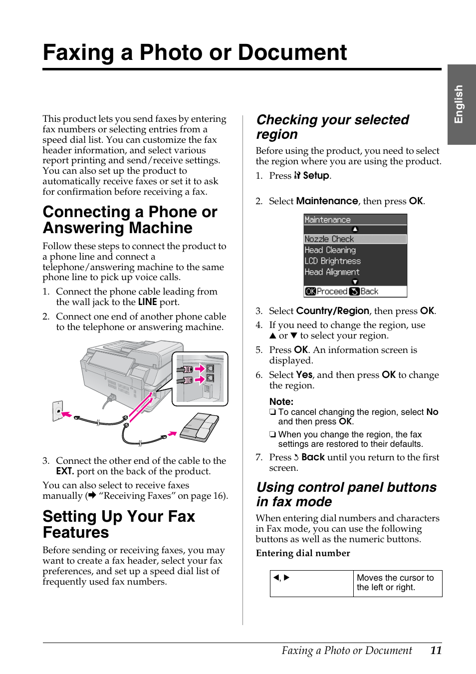 Faxing a photo or document, Connecting a phone or answering machine, Setting up your fax features | Checking your selected region, Using control panel buttons in fax mode, Connecting a phone or, Answering machine | Epson Stylus DX9400F User Manual | Page 11 / 44