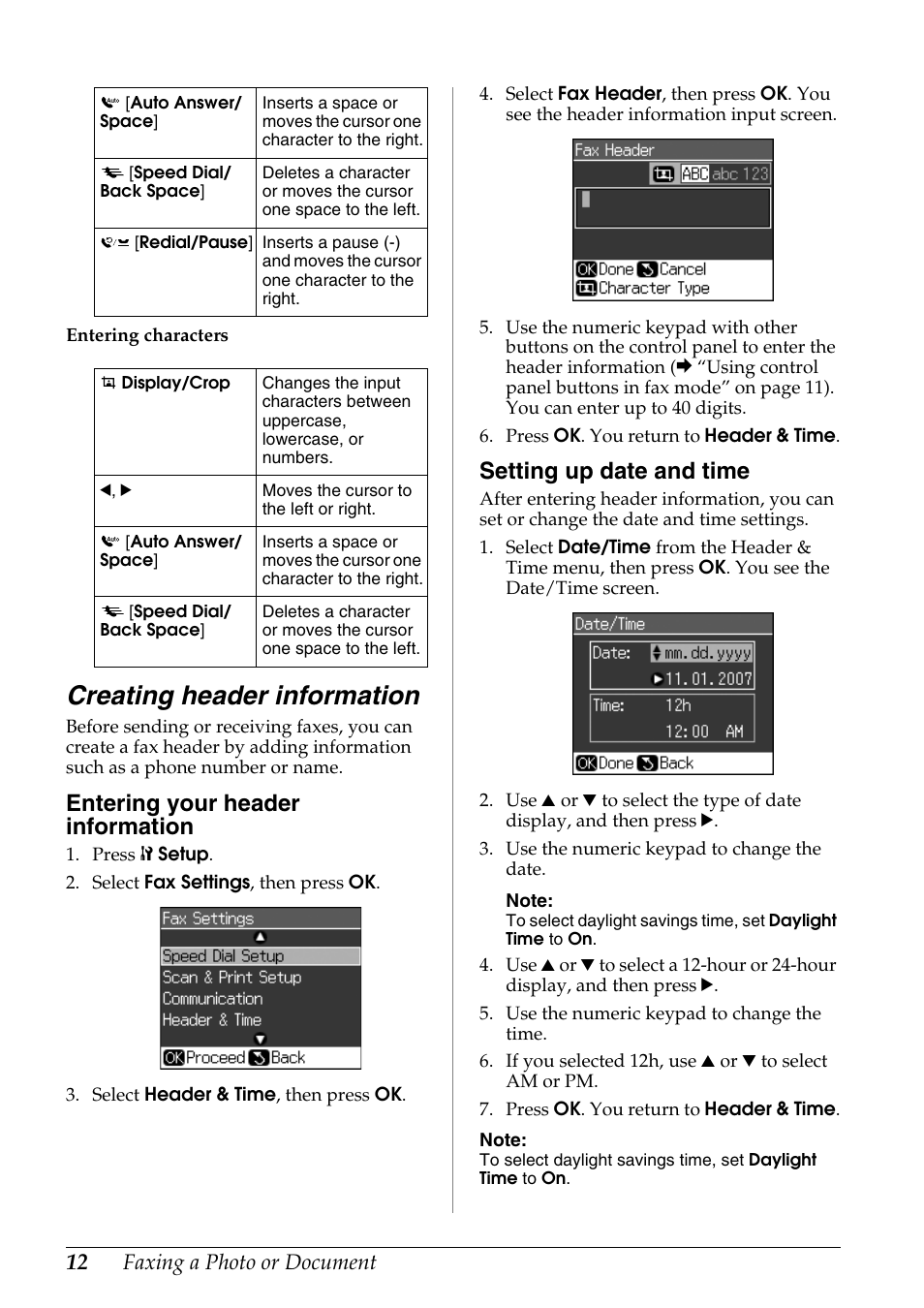 Creating header information, Entering your header information, Setting up date and time | Epson Stylus DX9400F User Manual | Page 12 / 44