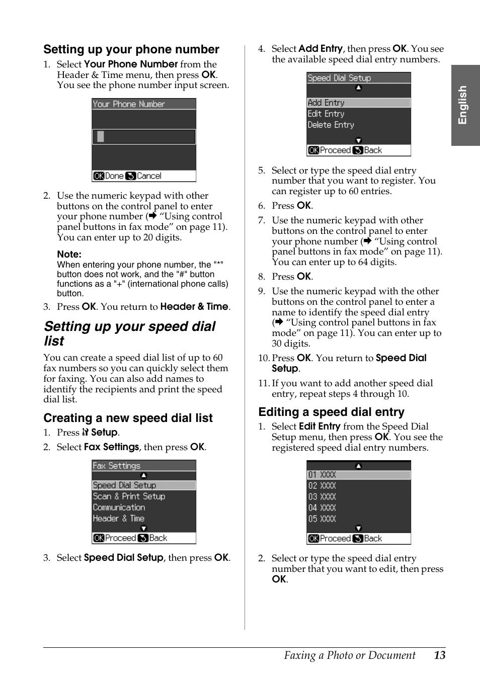 Setting up your speed dial list, Setting up your phone number, Creating a new speed dial list | Editing a speed dial entry | Epson Stylus DX9400F User Manual | Page 13 / 44