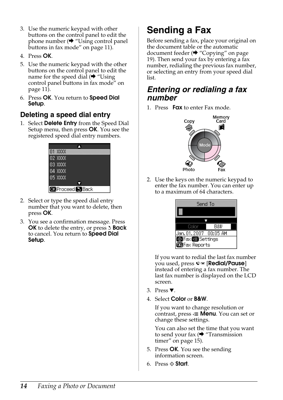 Sending a fax, Entering or redialing a fax number, Deleting a speed dial entry | Epson Stylus DX9400F User Manual | Page 14 / 44