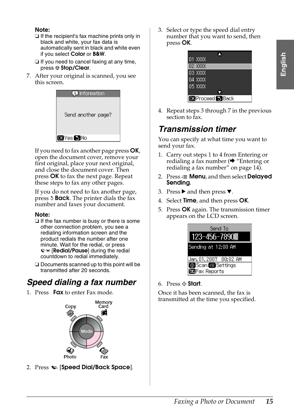 Speed dialing a fax number, Transmission timer | Epson Stylus DX9400F User Manual | Page 15 / 44