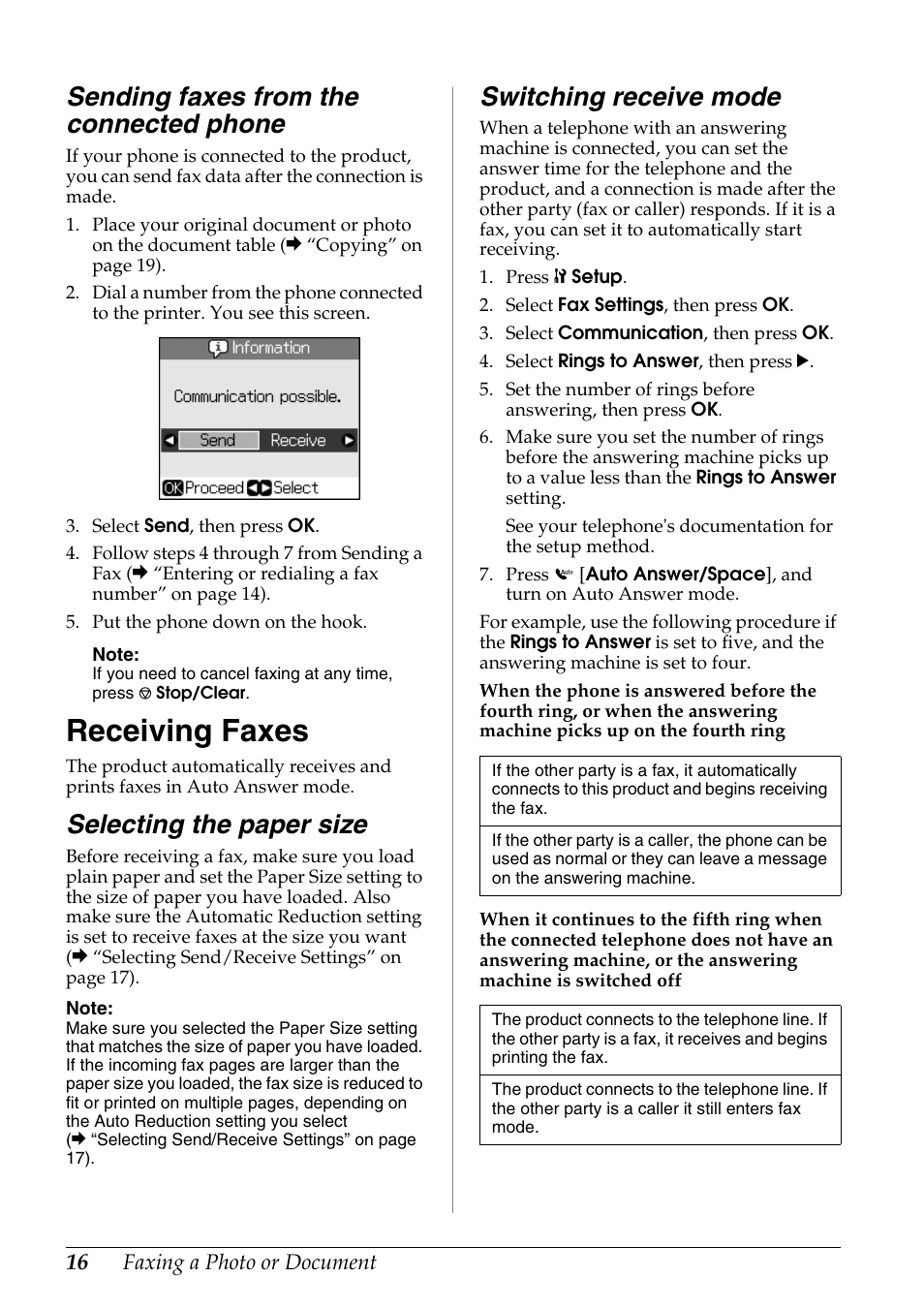 Sending faxes from the connected phone, Receiving faxes, Selecting the paper size | Switching receive mode | Epson Stylus DX9400F User Manual | Page 16 / 44