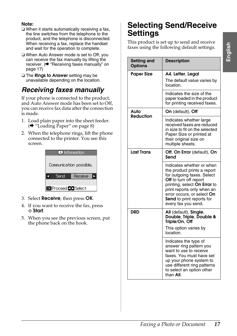 Receiving faxes manually, Selecting send/receive settings, Selecting send/receive | Settings | Epson Stylus DX9400F User Manual | Page 17 / 44