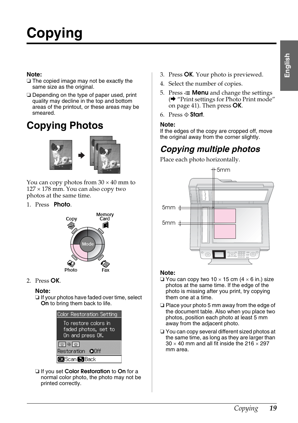 Copying, Copying photos, Copying multiple photos | Epson Stylus DX9400F User Manual | Page 19 / 44