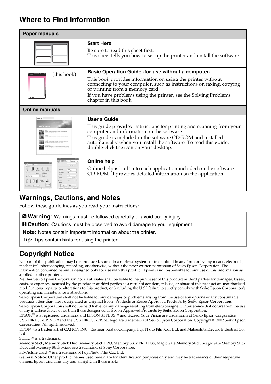 Where to find information, Copyright notice | Epson Stylus DX9400F User Manual | Page 2 / 44