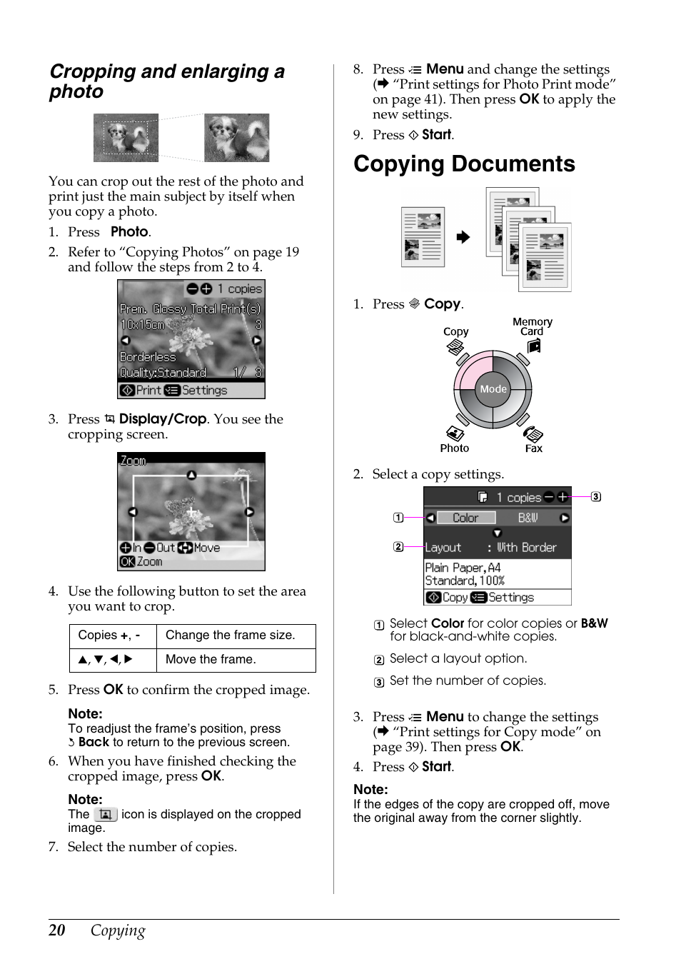 Cropping and enlarging a photo, Copying documents | Epson Stylus DX9400F User Manual | Page 20 / 44