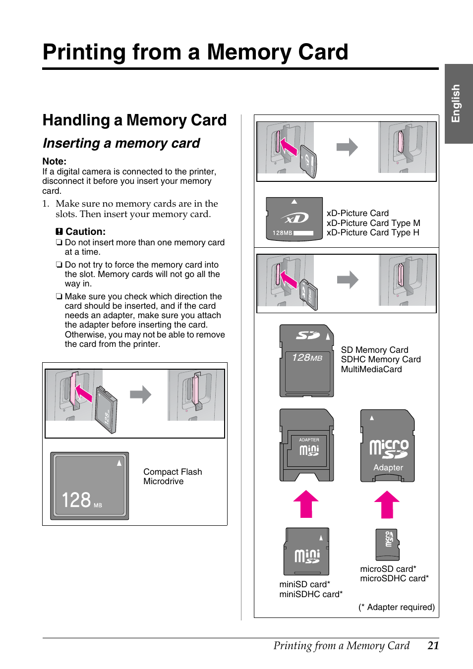 Printing from a memory card, Handling a memory card, Inserting a memory card | Epson Stylus DX9400F User Manual | Page 21 / 44