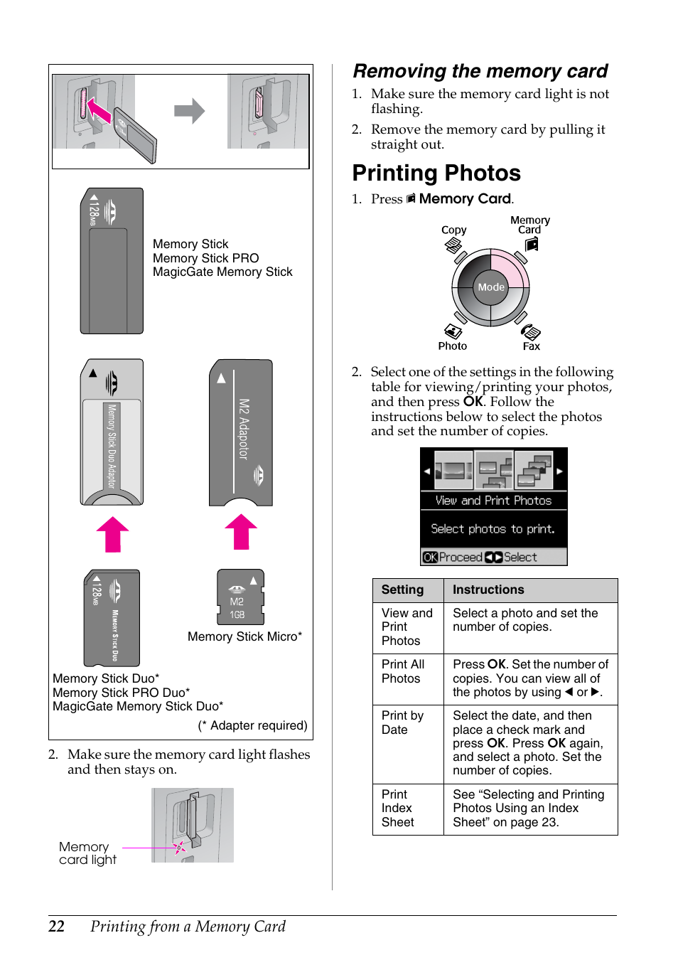 Removing the memory card, Printing photos | Epson Stylus DX9400F User Manual | Page 22 / 44