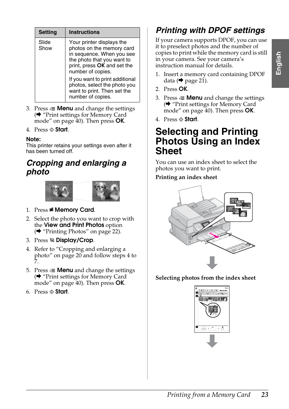 Cropping and enlarging a photo, Printing with dpof settings, Selecting and printing photos using an index sheet | Selecting and printing photos, Using an index sheet | Epson Stylus DX9400F User Manual | Page 23 / 44