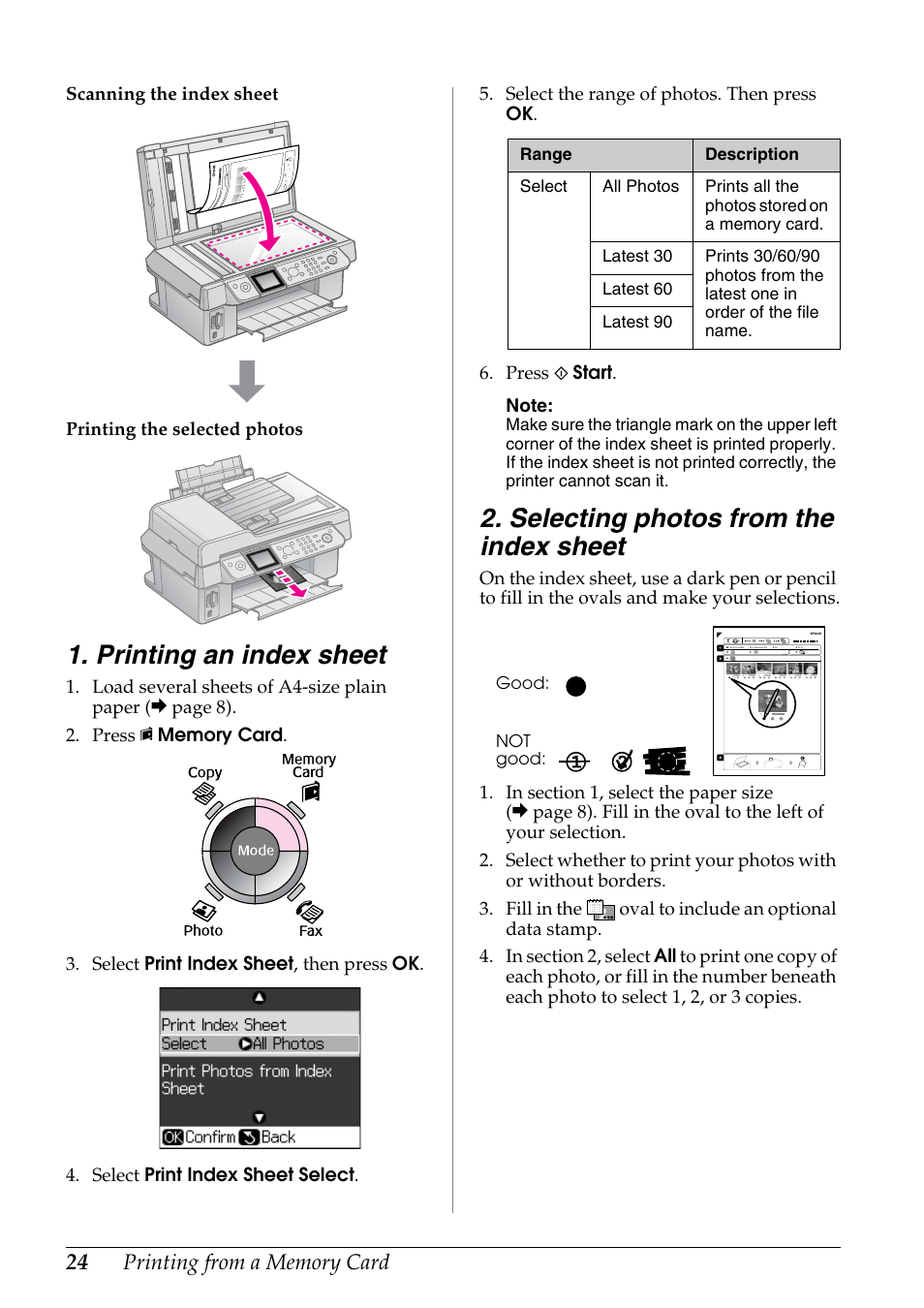 Printing an index sheet, Selecting photos from the index sheet | Epson Stylus DX9400F User Manual | Page 24 / 44