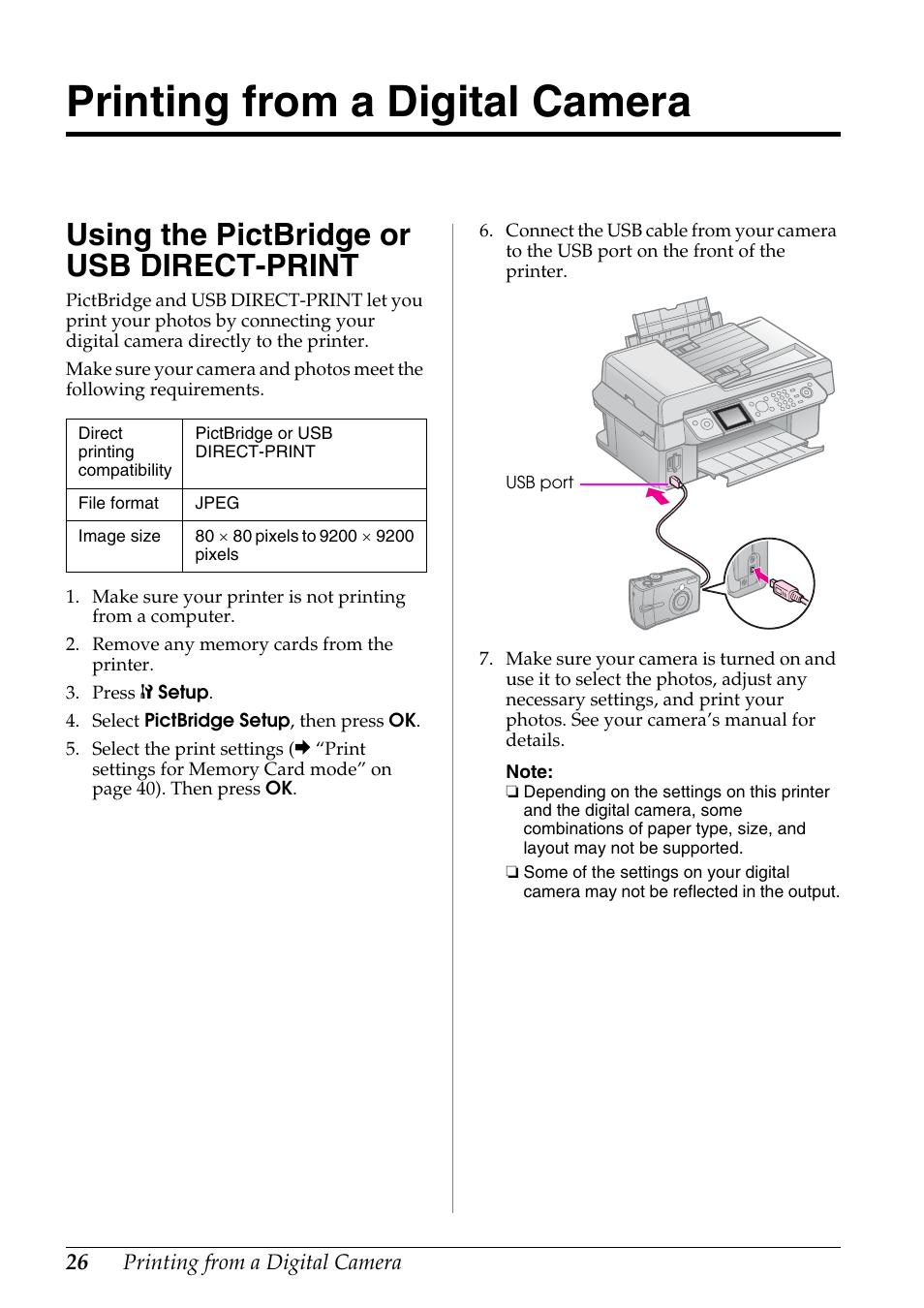 Printing from a digital camera, Using the pictbridge or usb direct-print, Using the pictbridge or | Usb direct-print | Epson Stylus DX9400F User Manual | Page 26 / 44