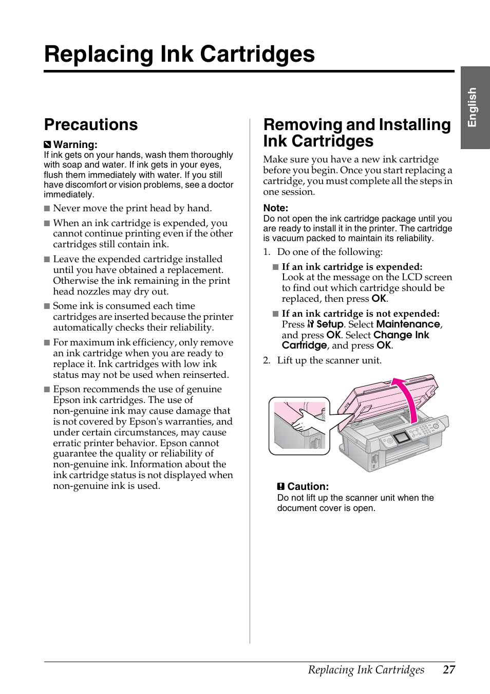 Replacing ink cartridges, Precautions, Removing and installing ink cartridges | Removing and installing, Ink cartridges | Epson Stylus DX9400F User Manual | Page 27 / 44