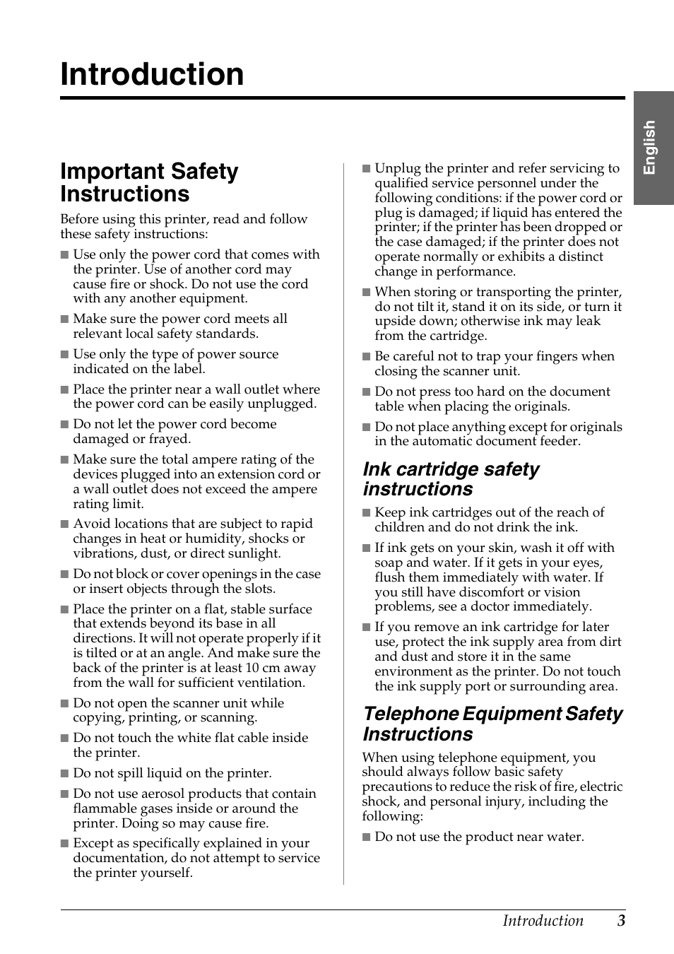 Introduction, Important safety instructions, Ink cartridge safety instructions | Telephone equipment safety instructions | Epson Stylus DX9400F User Manual | Page 3 / 44