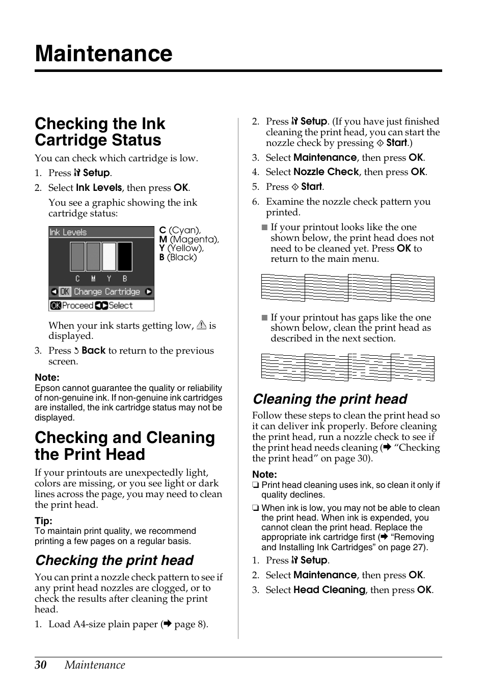 Maintenance, Checking the ink cartridge status, Checking and cleaning the print head | Checking the print head, Cleaning the print head, Checking the ink cartridge, Status, Checking and cleaning the, Print head | Epson Stylus DX9400F User Manual | Page 30 / 44