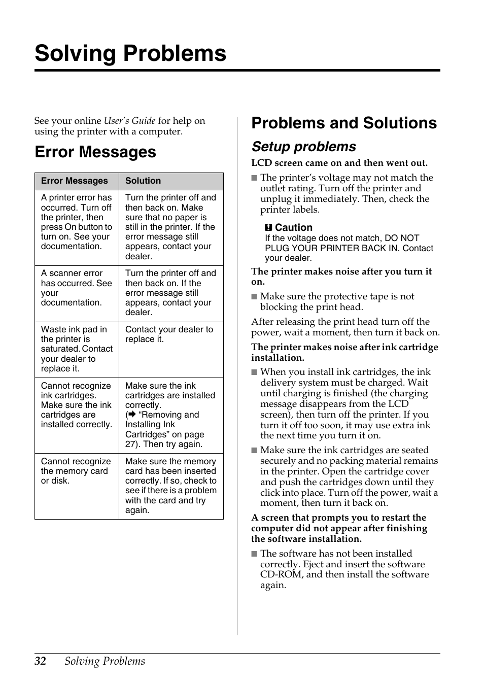 Solving problems, Error messages, Problems and solutions | Setup problems, Error messages problems and solutions | Epson Stylus DX9400F User Manual | Page 32 / 44