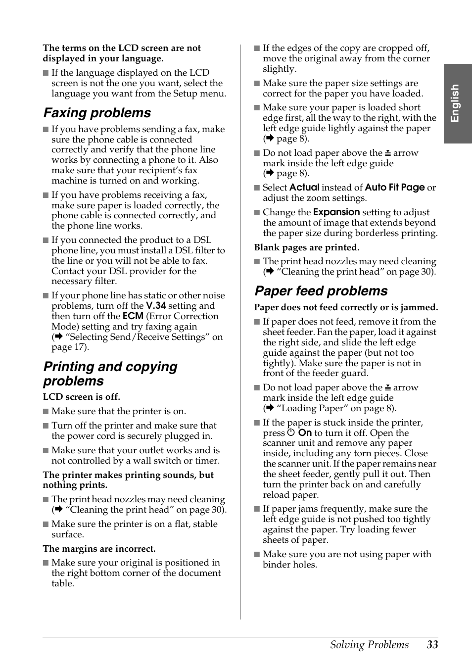 Faxing problems, Printing and copying problems, Paper feed problems | Solving problems | Epson Stylus DX9400F User Manual | Page 33 / 44