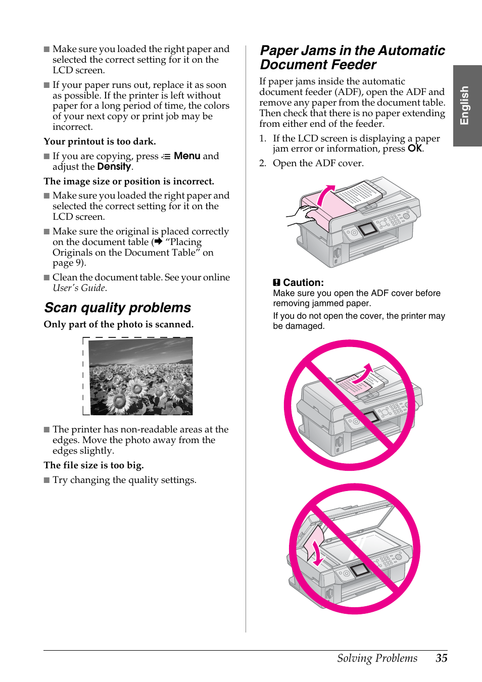 Scan quality problems, Paper jams in the automatic document feeder | Epson Stylus DX9400F User Manual | Page 35 / 44