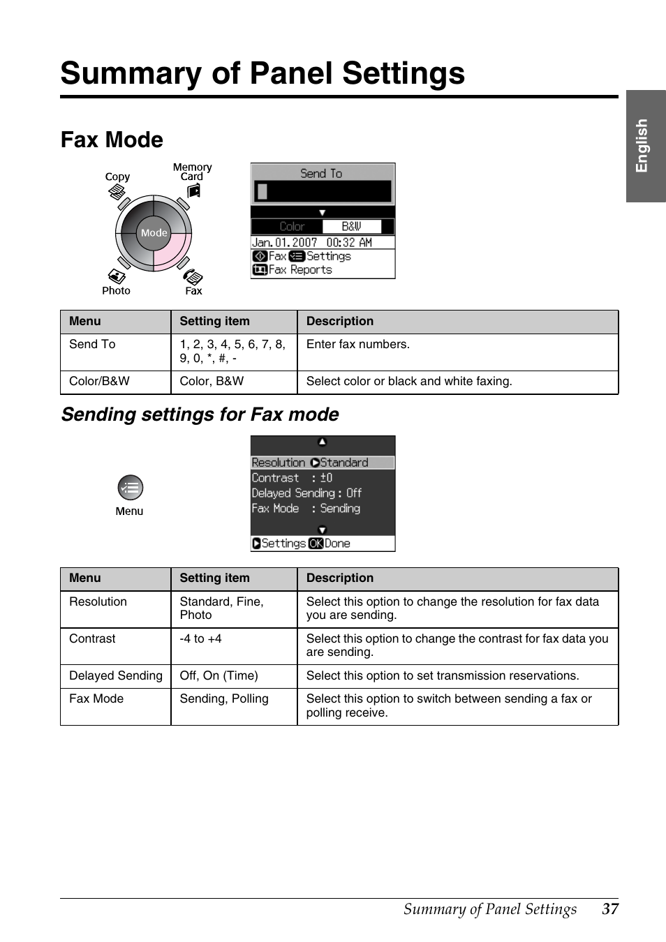 Summary of panel settings, Fax mode, Sending settings for fax mode | Epson Stylus DX9400F User Manual | Page 37 / 44