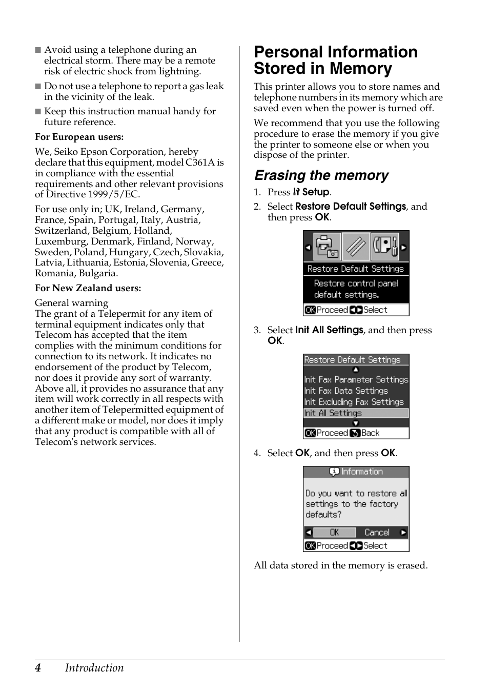 Personal information stored in memory, Erasing the memory, Personal information stored in | Memory | Epson Stylus DX9400F User Manual | Page 4 / 44