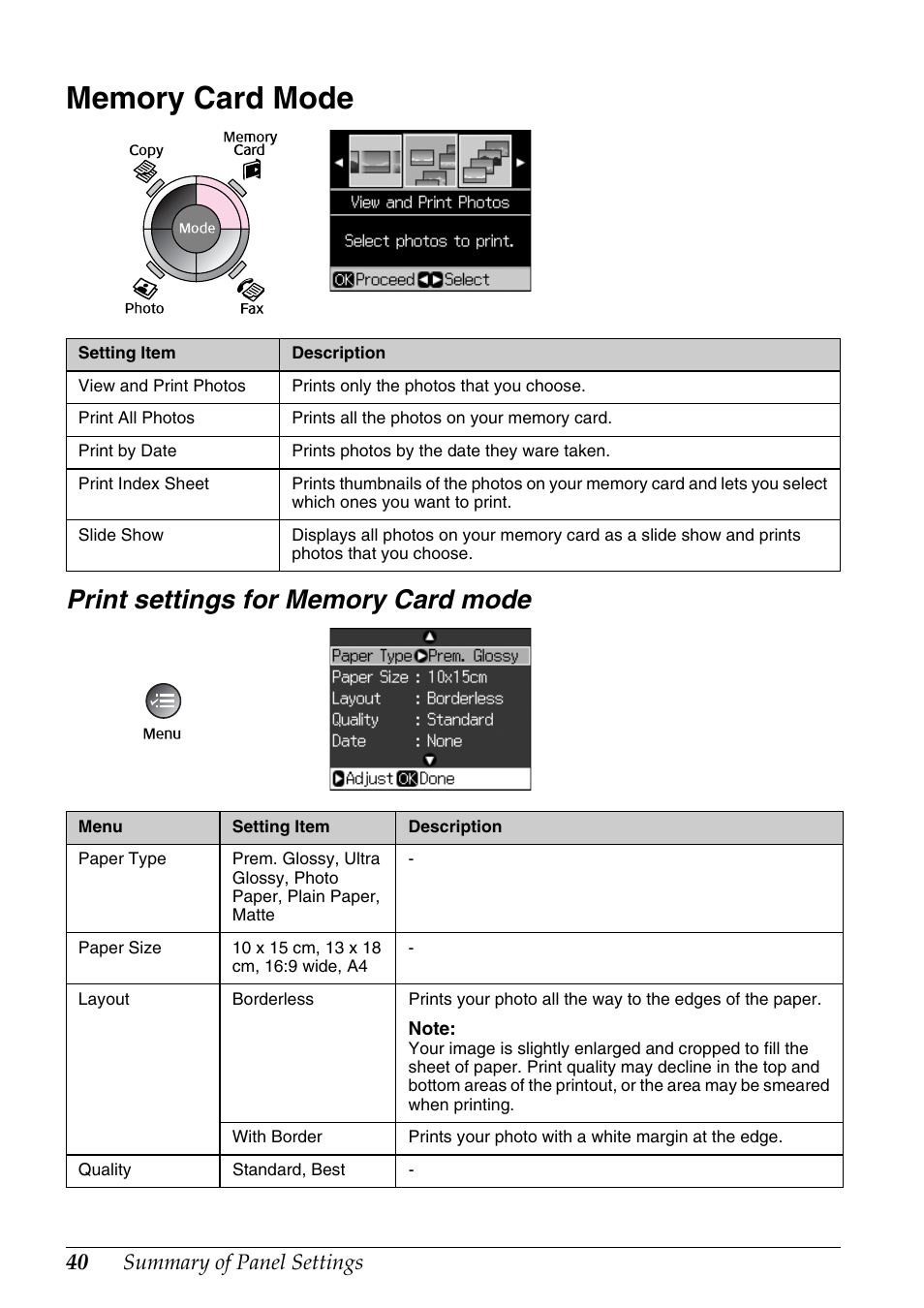 Memory card mode, Print settings for memory card mode, Summary of panel settings | Epson Stylus DX9400F User Manual | Page 40 / 44