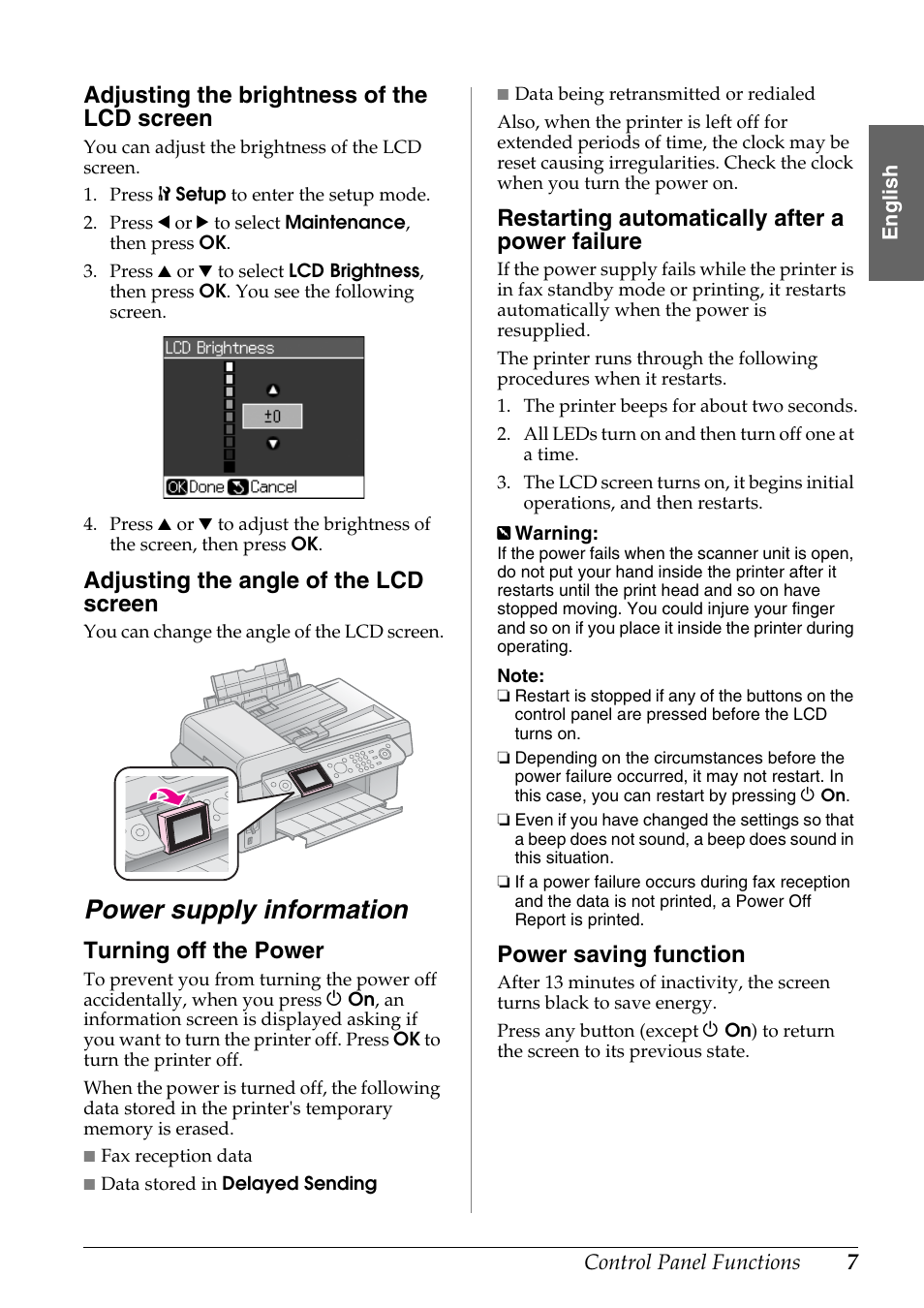 Power supply information, Adjusting the brightness of the lcd screen, Adjusting the angle of the lcd screen | Turning off the power, Restarting automatically after a power failure, Power saving function | Epson Stylus DX9400F User Manual | Page 7 / 44