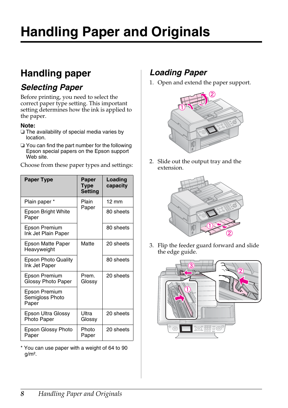 Handling paper and originals, Handling paper, Selecting paper | Loading paper | Epson Stylus DX9400F User Manual | Page 8 / 44