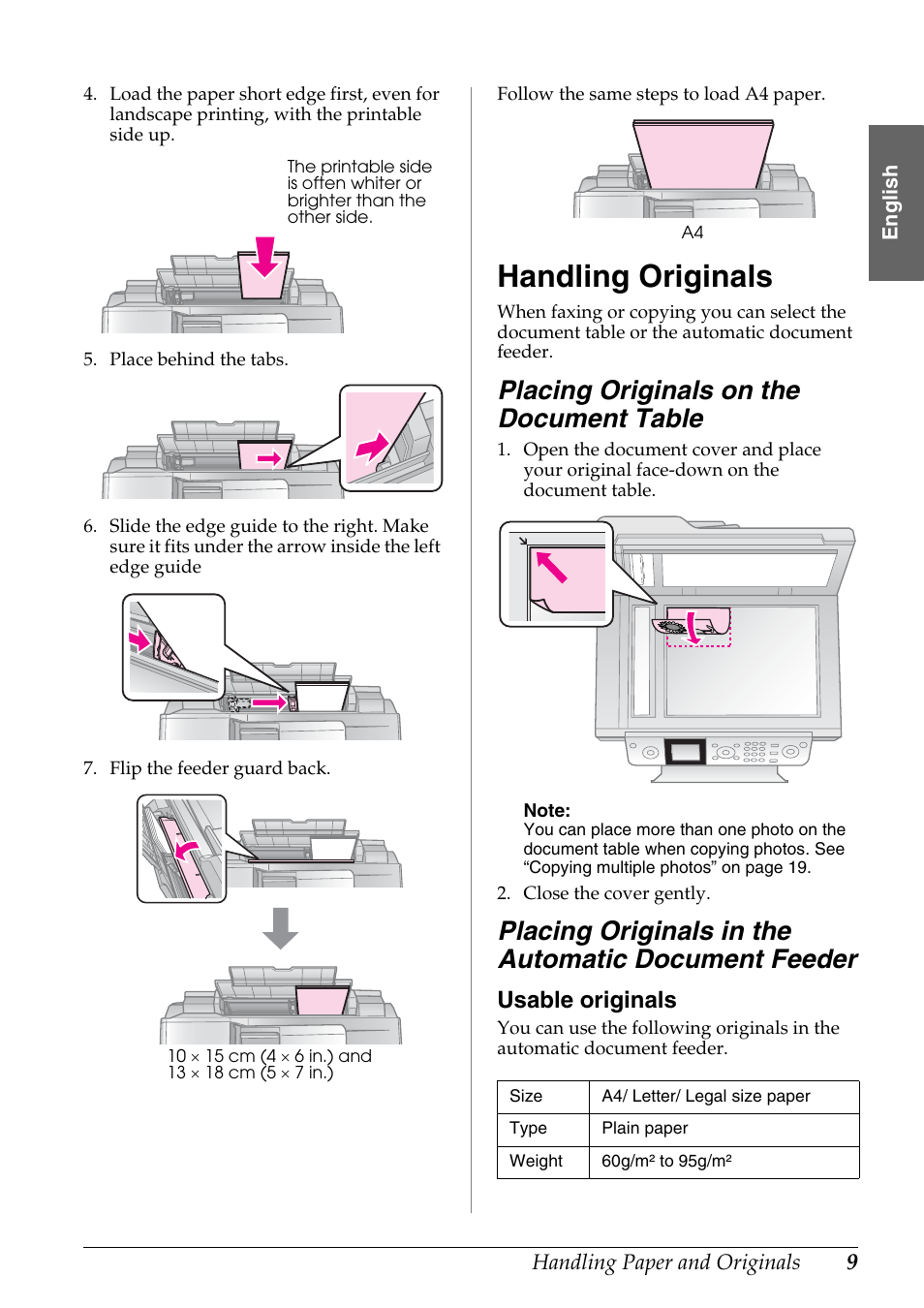 Handling originals, Placing originals on the document table, Placing originals in the automatic document feeder | Usable originals | Epson Stylus DX9400F User Manual | Page 9 / 44