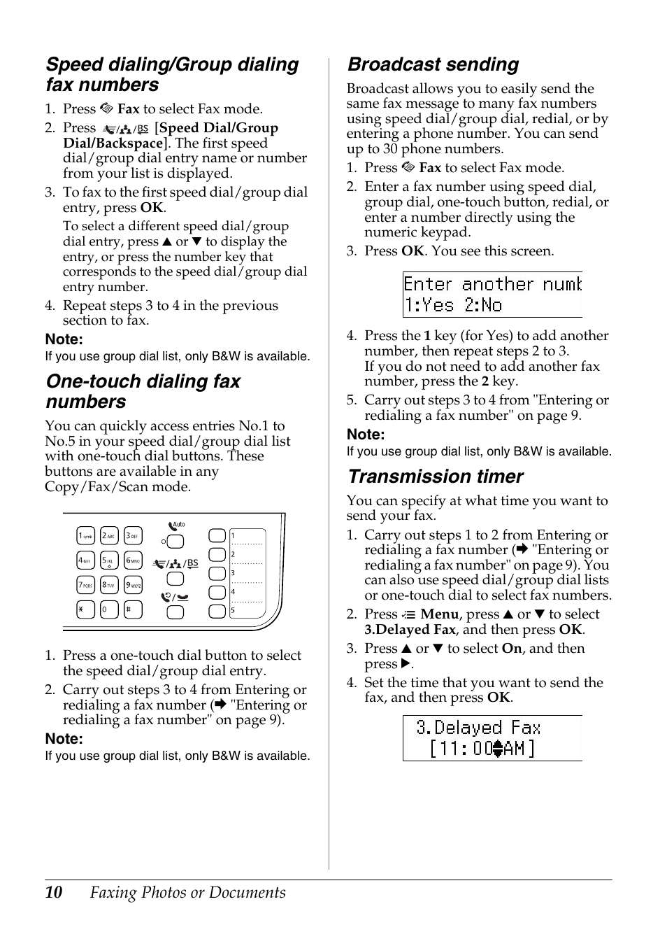 Speed dialing/group dialing fax numbers, One-touch dialing fax numbers, Broadcast sending | Transmission timer | Epson Stylus Office TX510FN User Manual | Page 10 / 20
