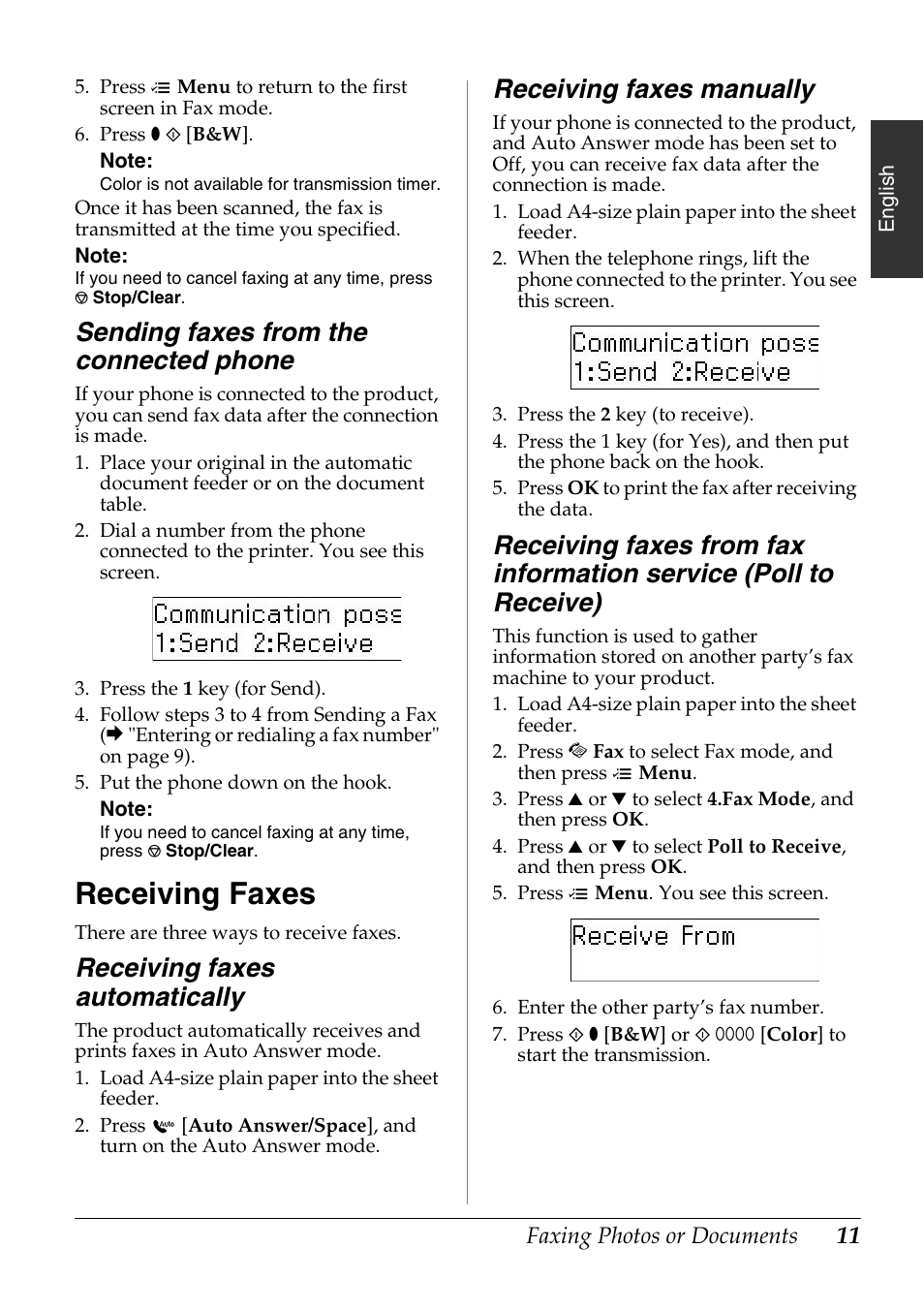 Sending faxes from the connected phone, Receiving faxes, Receiving faxes automatically | Receiving faxes manually | Epson Stylus Office TX510FN User Manual | Page 11 / 20