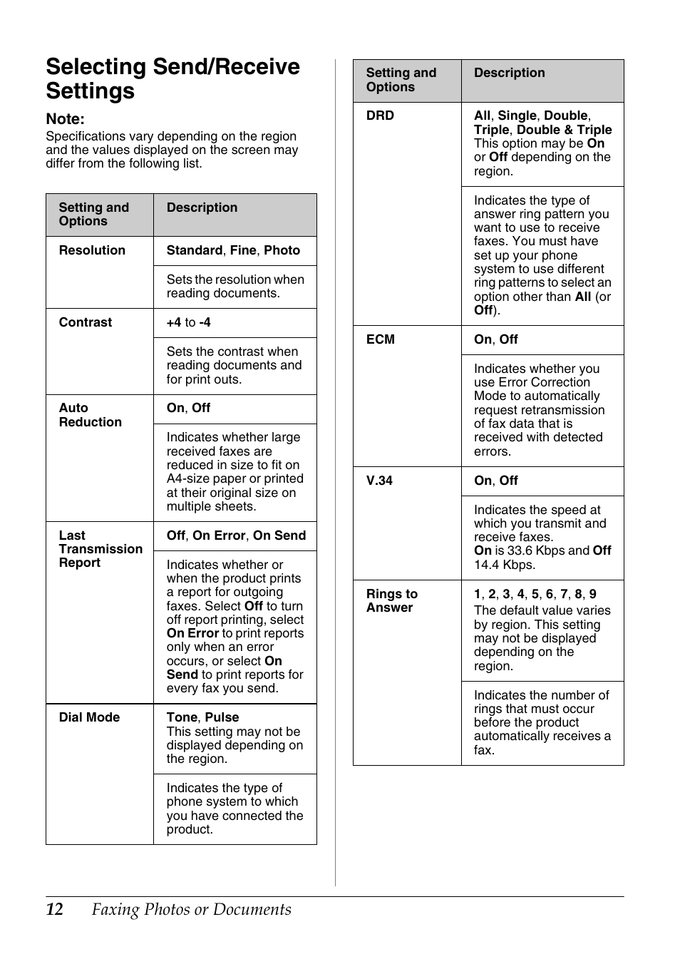 Selecting send/receive settings, Faxing photos or documents | Epson Stylus Office TX510FN User Manual | Page 12 / 20