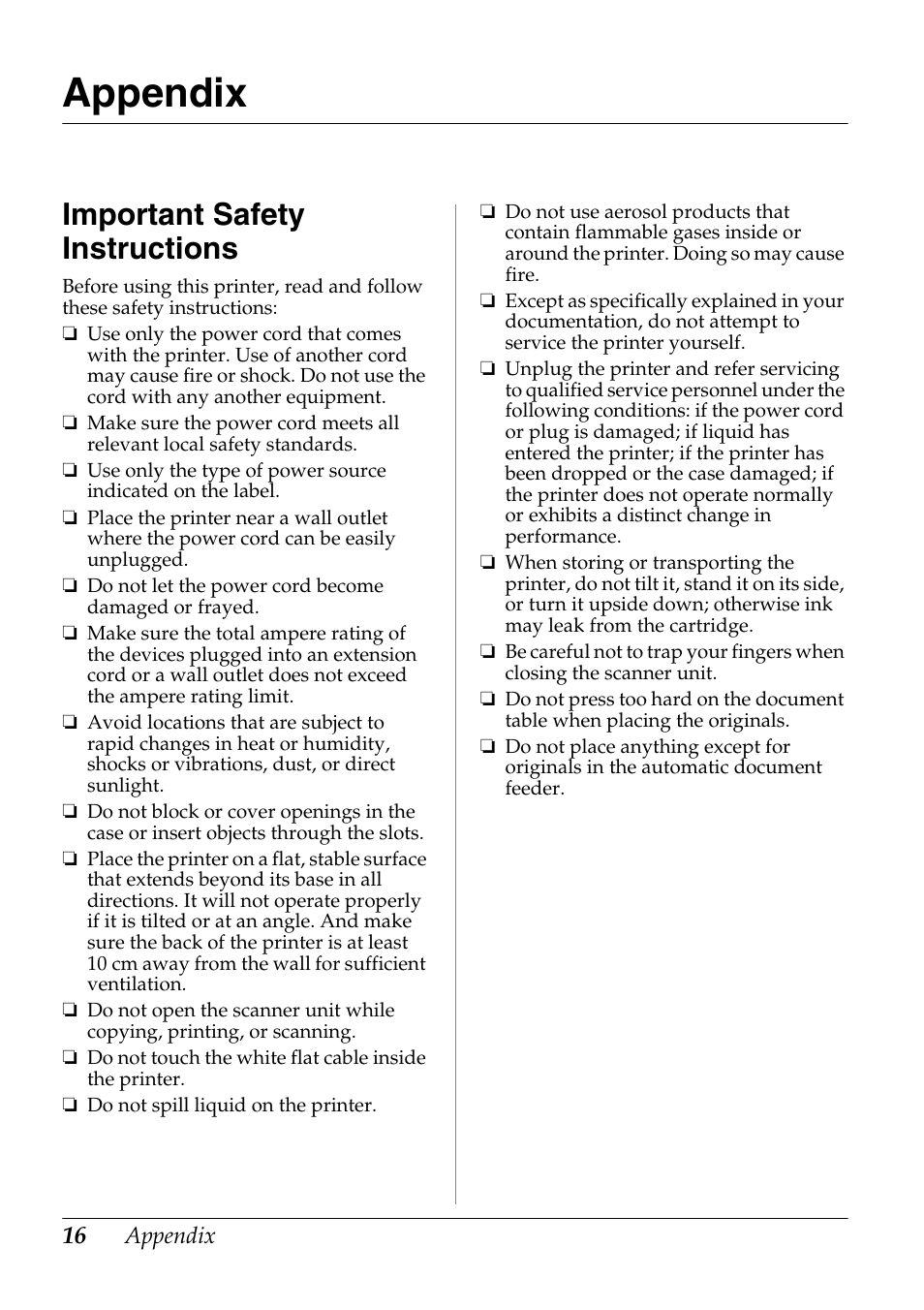 Appendix, Important safety instructions | Epson Stylus Office TX510FN User Manual | Page 16 / 20