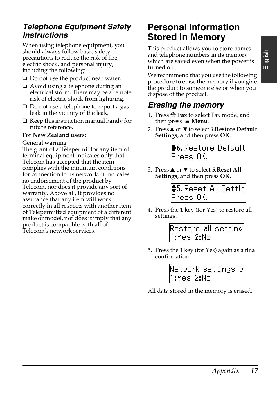 Telephone equipment safety instructions, Personal information stored in memory, Erasing the memory | Epson Stylus Office TX510FN User Manual | Page 17 / 20