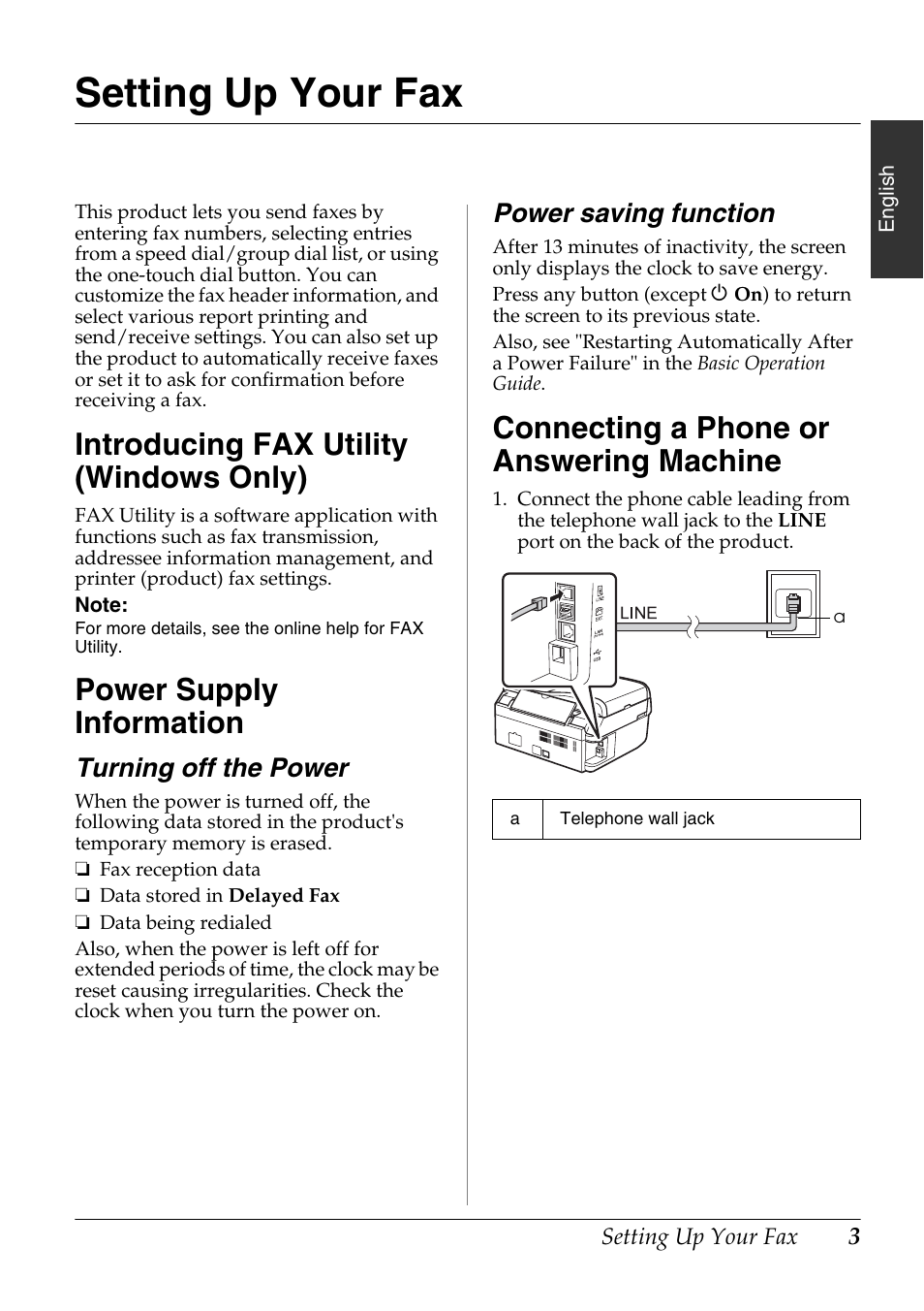 Setting up your fax, Introducing fax utility (windows only), Power supply information | Turning off the power, Power saving function, Connecting a phone or answering machine | Epson Stylus Office TX510FN User Manual | Page 3 / 20