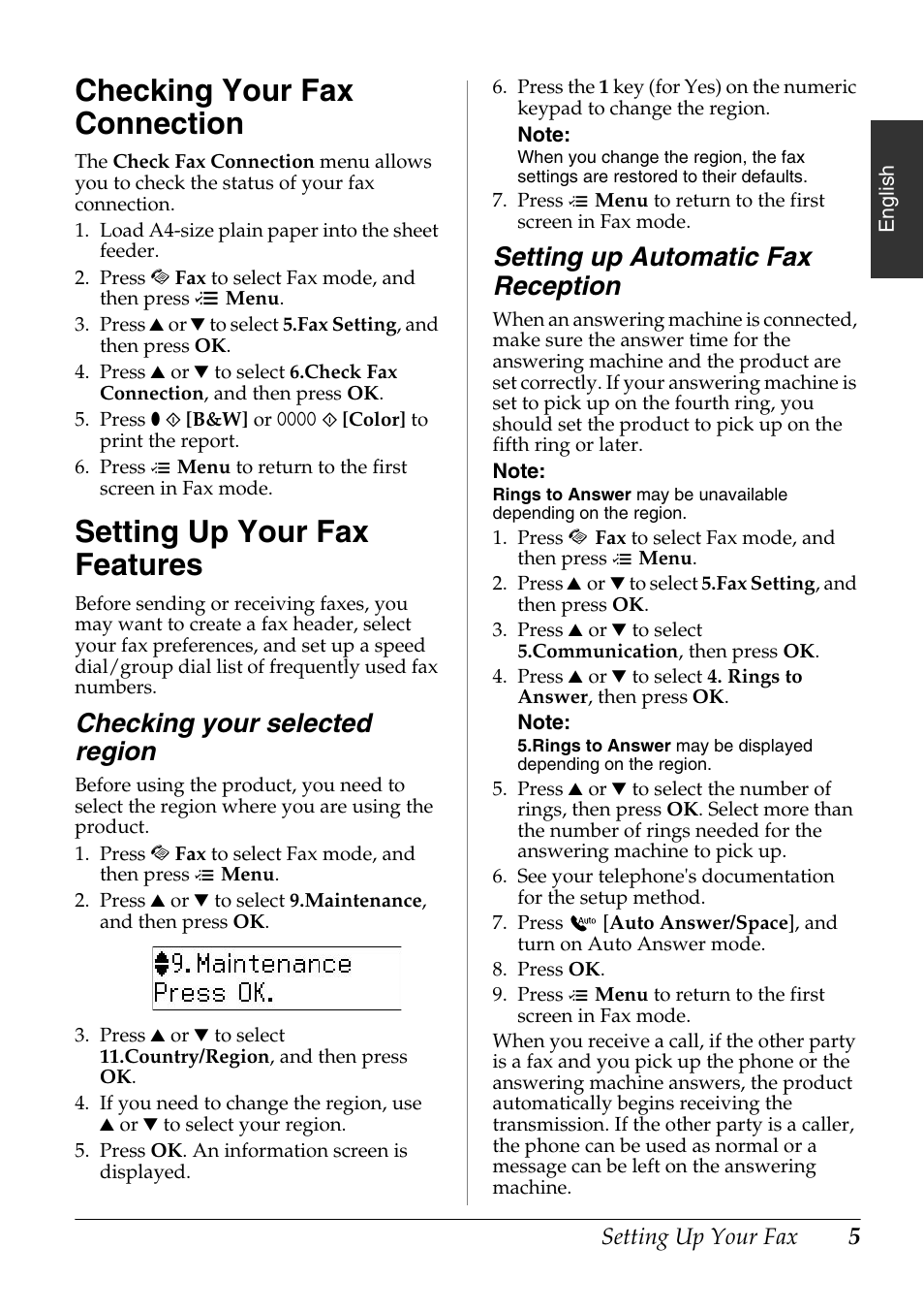 Checking your fax connection, Setting up your fax features, Checking your selected region | Setting up automatic fax reception | Epson Stylus Office TX510FN User Manual | Page 5 / 20