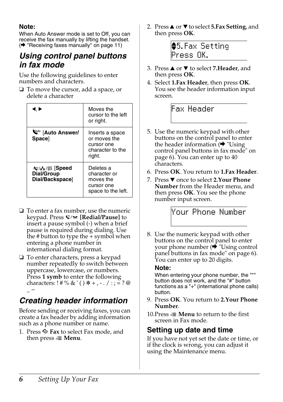 Using control panel buttons in fax mode, Creating header information, Setting up date and time | Epson Stylus Office TX510FN User Manual | Page 6 / 20