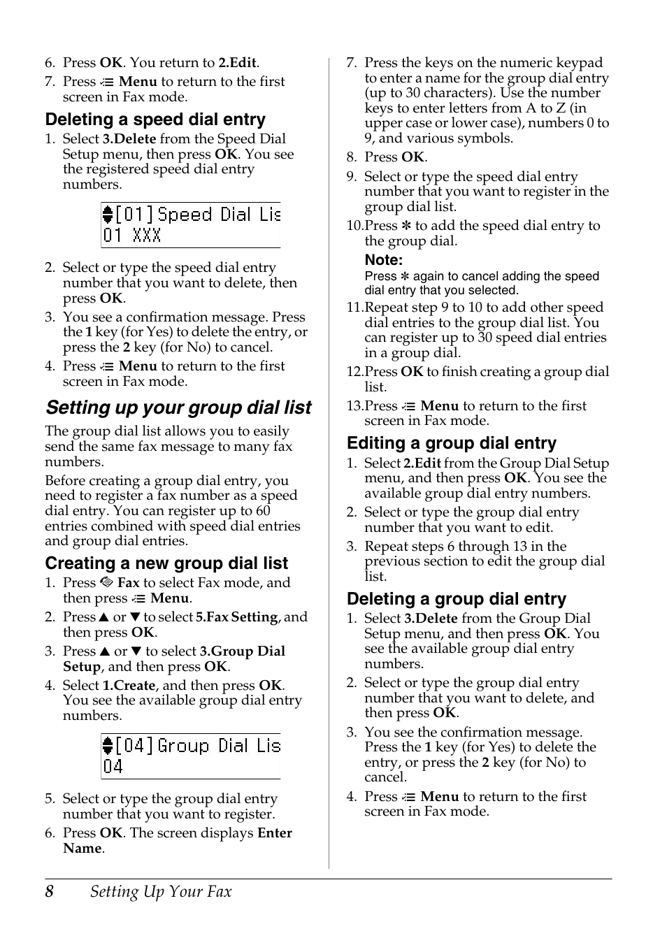 Setting up your group dial list, Deleting a speed dial entry, Creating a new group dial list | Editing a group dial entry, Deleting a group dial entry | Epson Stylus Office TX510FN User Manual | Page 8 / 20